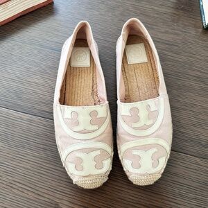 Authentic Tory Burch espadrille flats in soft blush pink canvas.